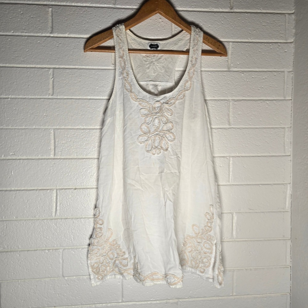 Mud Pie Womens Tank Top White Cotton Embroidered Sleeveless Tunic L